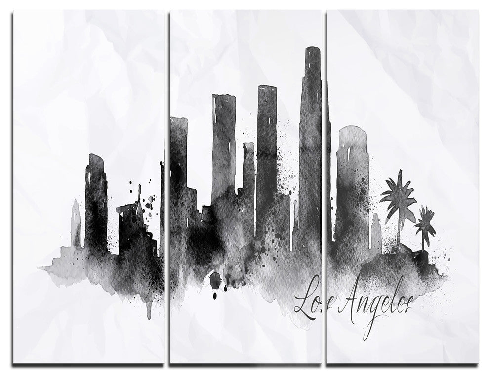 "Los Angeles Black Silhouette" Painting Metal Wall Art, 3 Panels, 36"x28"