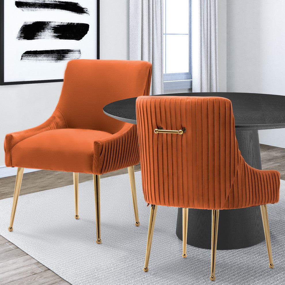 Glam Pleated Velvet Dining Chair Set of 2, Tufted Side Accent Kitchen Chair, Orange
