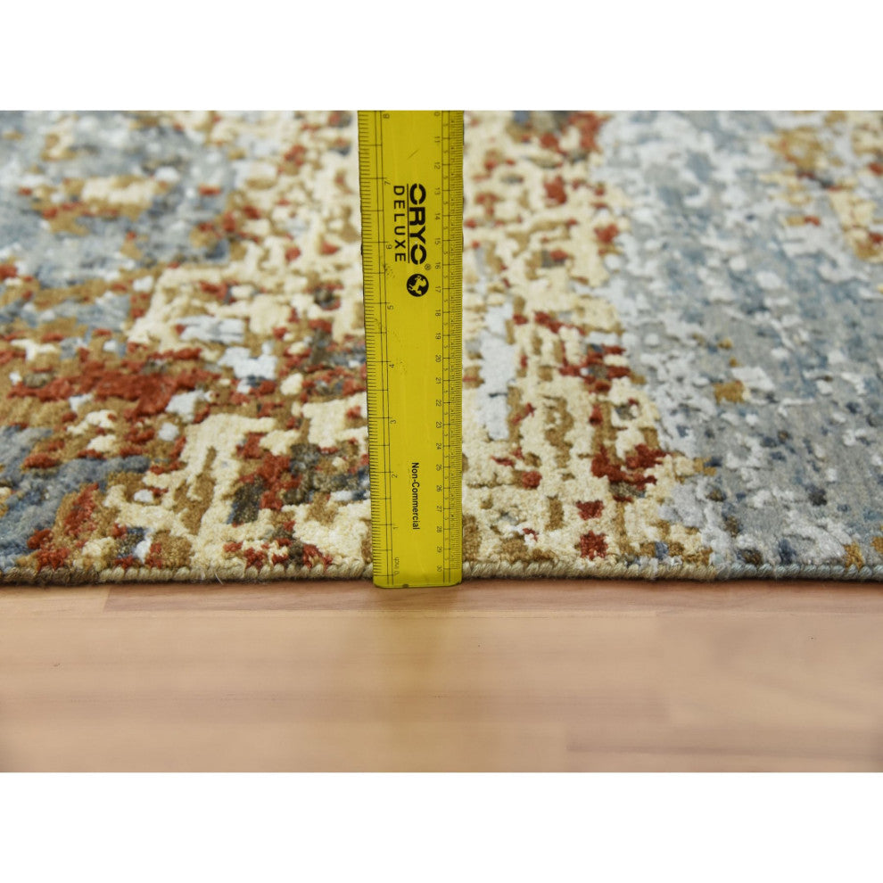 Black Coral Abstract Design Natural Wool Hand Knotted Wide Runner Rug, 4'x10'
