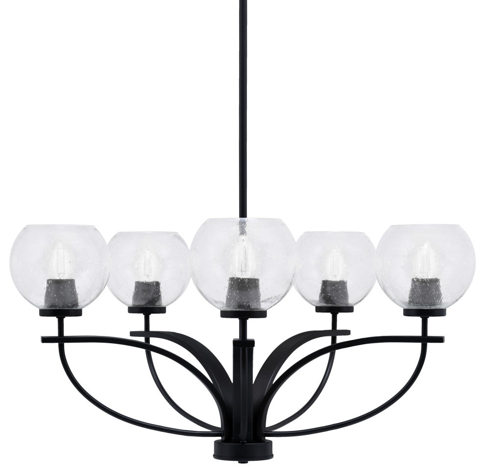 Cavella 5 Light Chandelier In Matte Black Finish, 5.75" Clear Bubble Glass