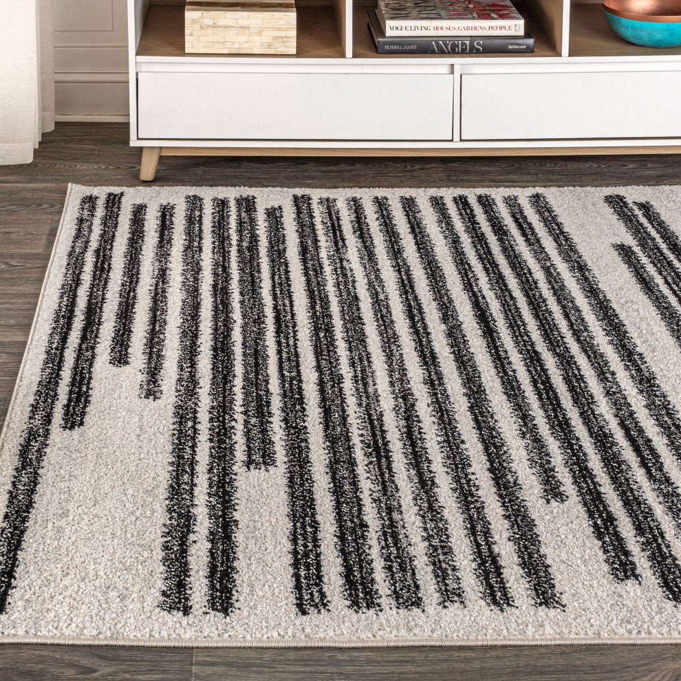 Khalil Modern Berber Stripe Area Rug, Cream/Black, 12 Ft. X 18 Ft.