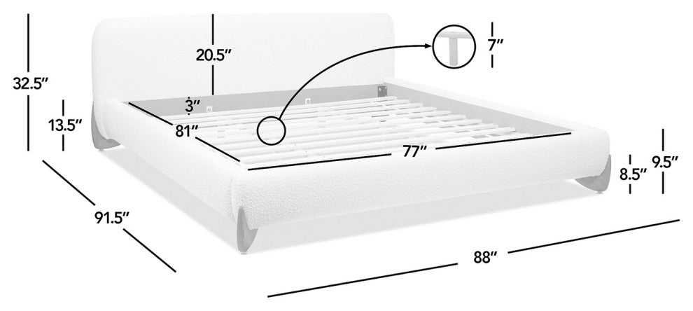 Alpine Sherpa Modern Platform Bed, Ivory White Boucle, King