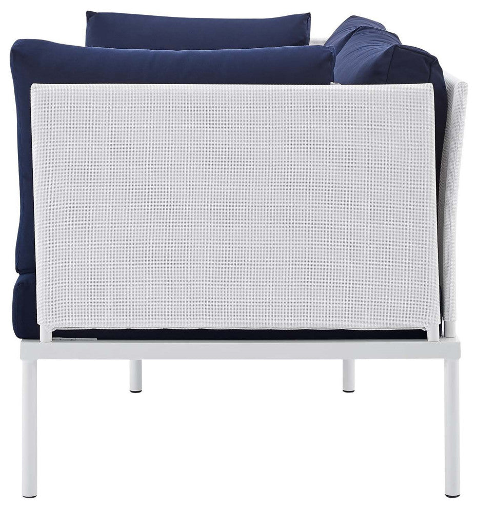 Lounge Loveseat Sofa, Sunbrella, Aluminum, Metal, White Blue Navy, Outdoor