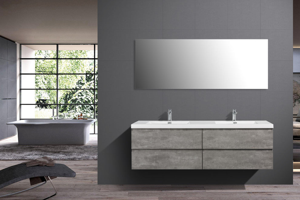 Alma-Pre 4 Drawers Wall Mount Vanity, Integrated White Sink, Cement Crey, 60"