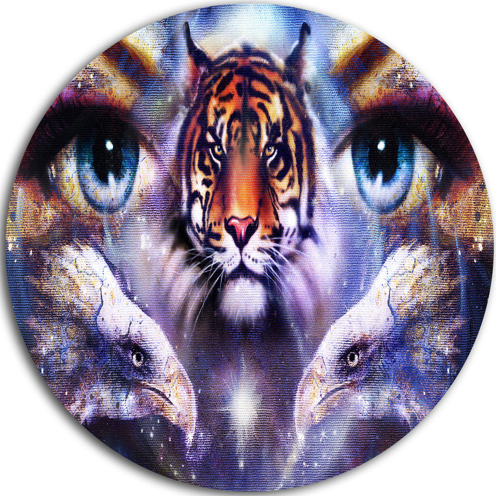 Tiger With Woman Eyes, Abstract Animal Disc Metal Artwork, 23"