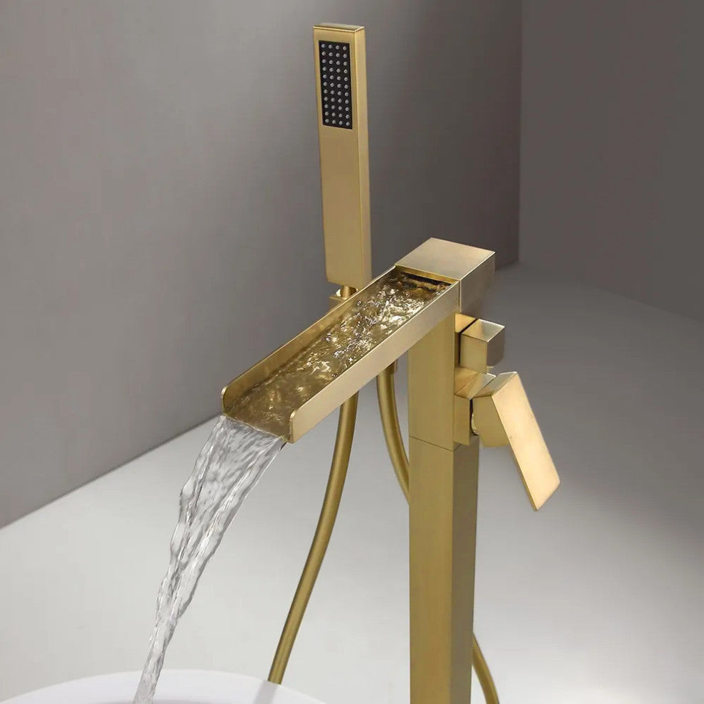 Modern Waterfall Freestanding Bathroom Bathtub Faucet Floor Mount Tub Filler, Brushed Gold