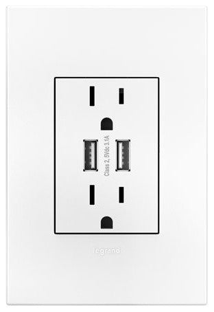 Legrand Adorne Dual USB, Plus Size Combo Outlet and White Wall Plate Bundle