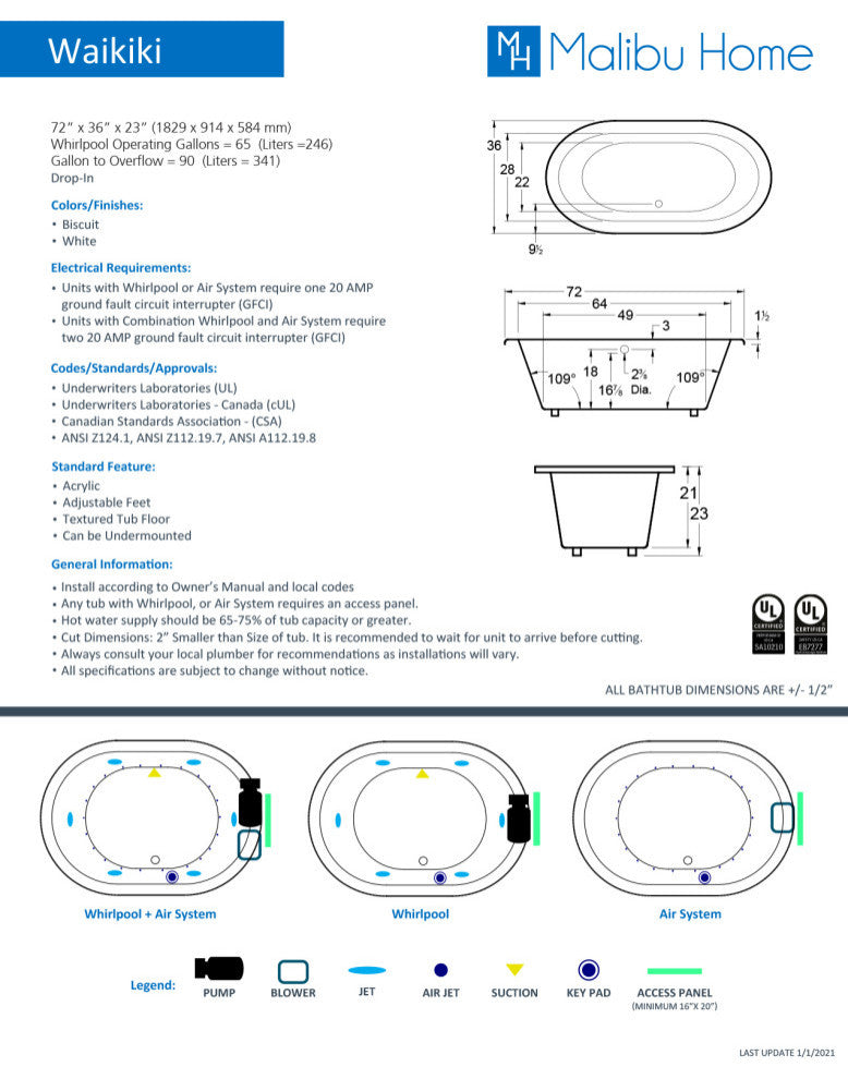 Malibu Waikki Oval Combination Whirlpool and Air Jet Bathtub 72x36x23 White