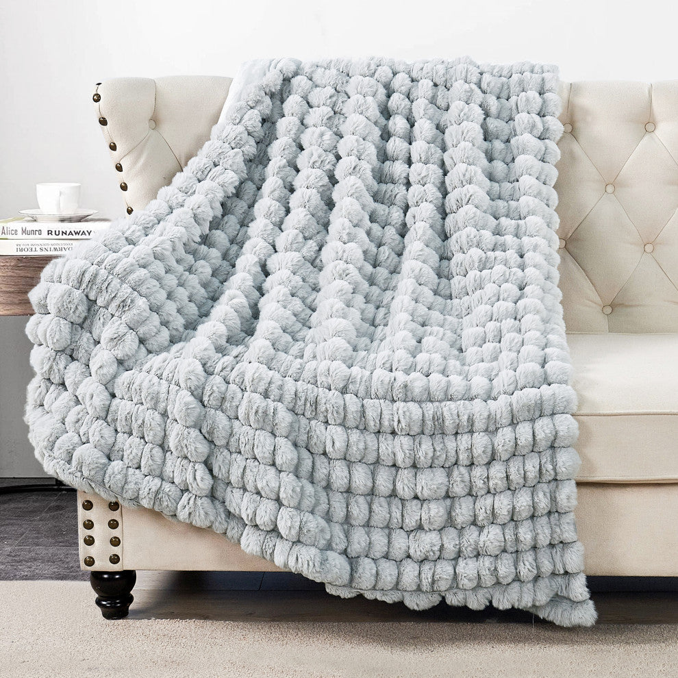 Spandex Striped Heavy Faux Fur Throw Blanket, Silver Grey