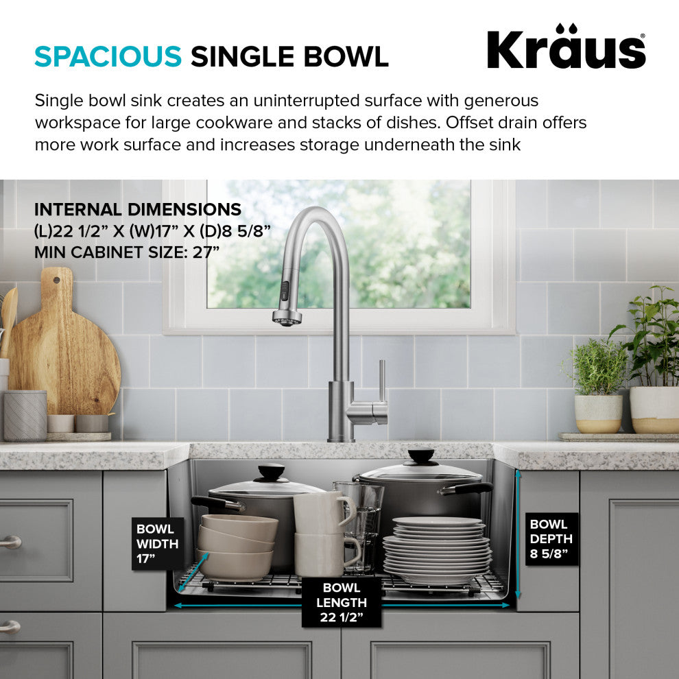 KRAUS Fairlane 25" Undermount 1-Bowl 18 Gauge Stainless Steel Kitchen Sink