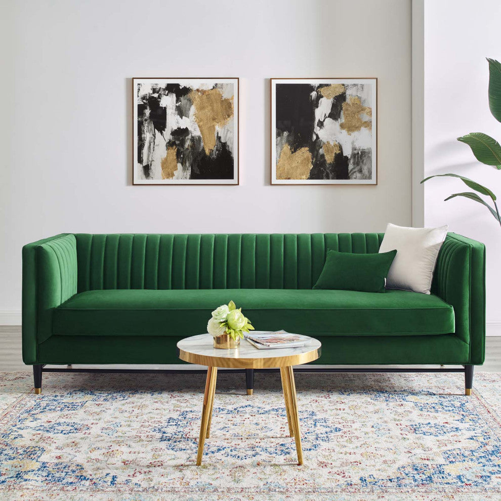 Tufted Sofa, Velvet, Green, Modern, Living Lounge Room Hotel Lobby Hospitality