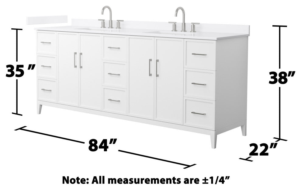 Elan 84" Double Vanity, White, White Quartz Top, 3-Hole, Nickel Trim