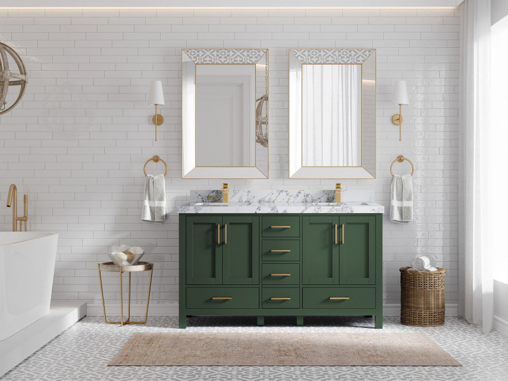 Malibu 60 Double Sink Vanity in Lafayette Green 2" Calacatta Poanazzo