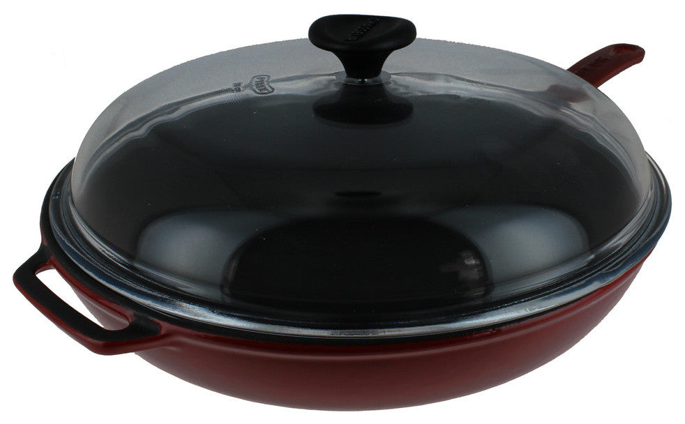 Chasseur 11" French Enameled Cast Iron Fry Pan With Glass Lid, Red
