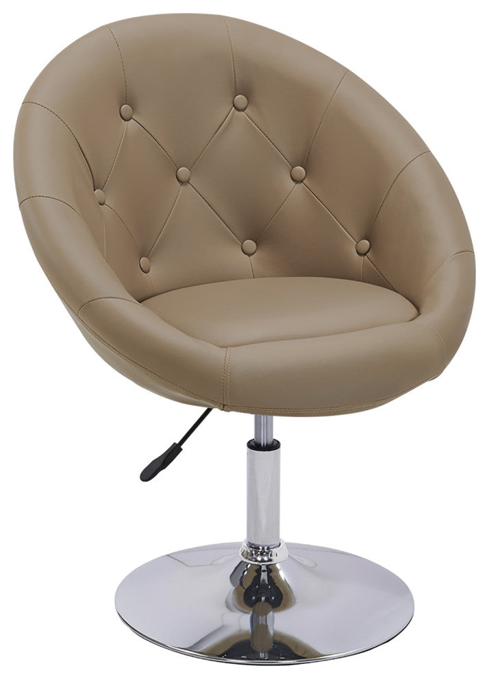 Button Tufted Swivel PU Leather Papasan Chair, Khaki