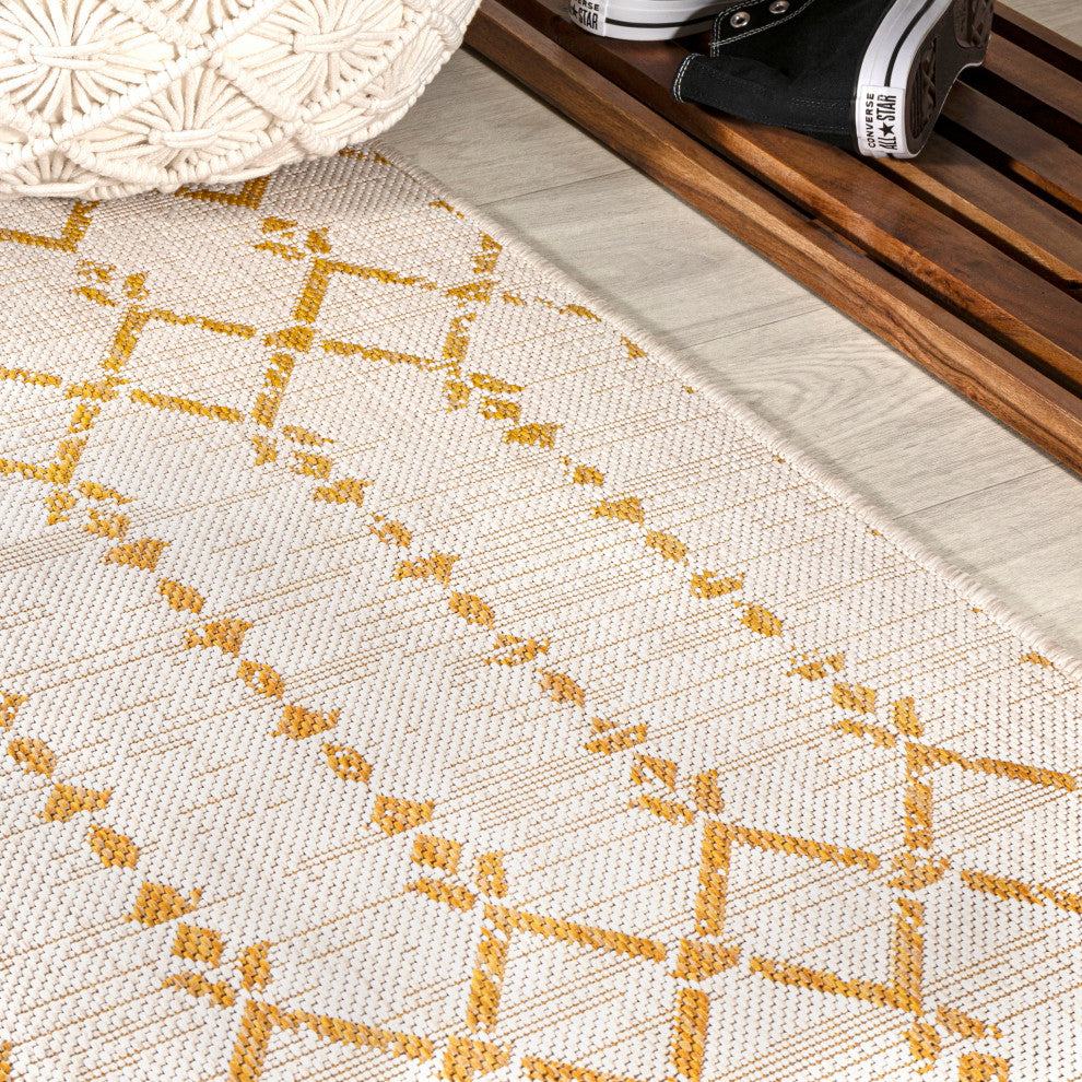 Ourika Moroccan Geometric Indoor/Outdoor Rug, Cream/Yellow, 2x10