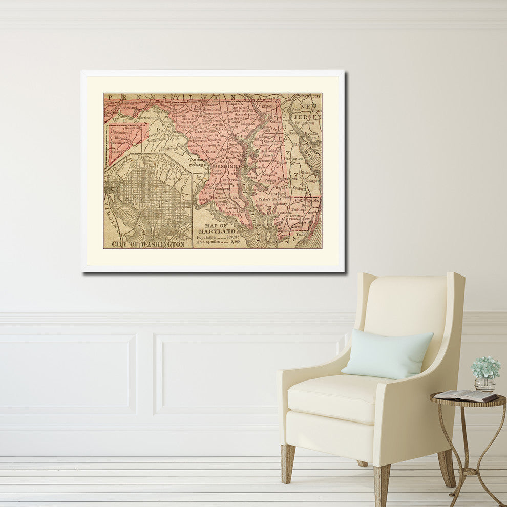 Maryland Vintage Old Map Print On Canvas With Picture Frame 28" X 37"