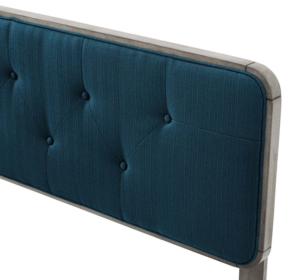 Tufted Headboard, Full Size, Wood, Fabric, Gray Navy Blue, Modern