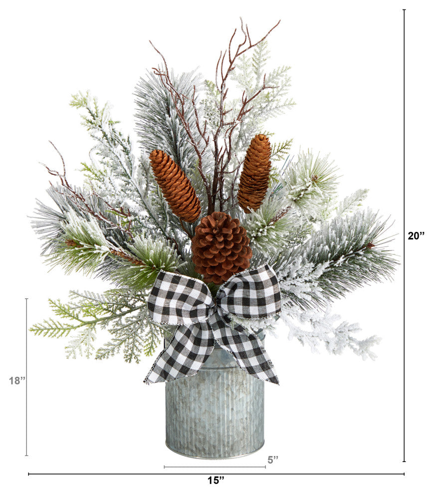 20" Holiday Winter Greenery W/ Pinecones & Gingham Bow Table Faux Arrangement