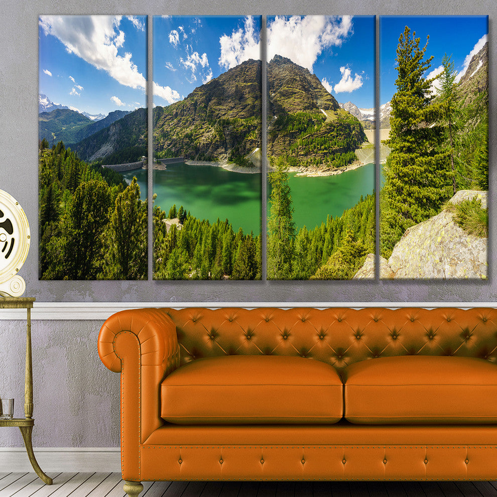 Greeny Alpine Reservoir, Landscape Canvas Art Print, 48"x28", 4 Panels