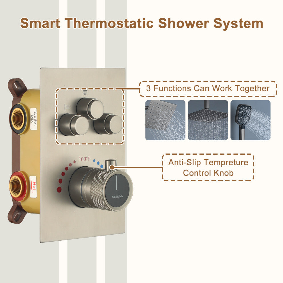 CASAINC 12" Ceiling Mounted Rainfall Shower System Set w Dual Shower Head, Brushed Nickel