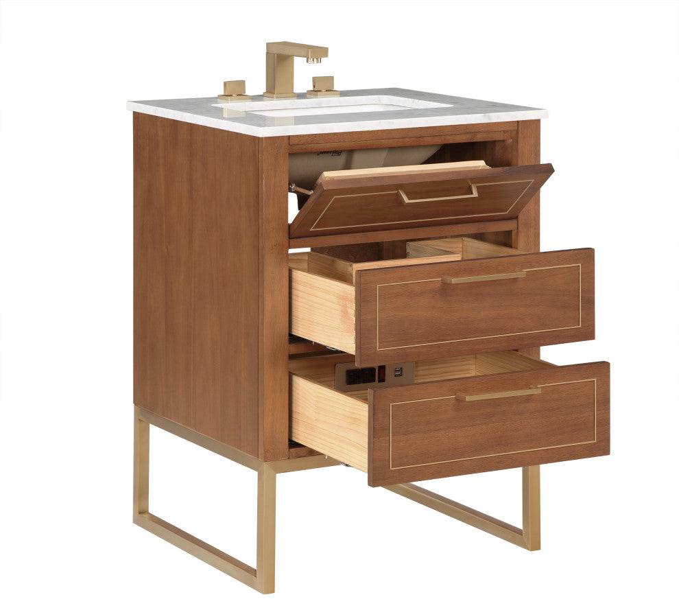Markham 24" Single Bathroom Vanity Set, Walnut/Satin Brass, Marble Countertop