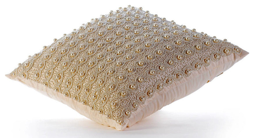 Ivory Decorative Pillow Covers 24"x24" Silk, Pearl Bed