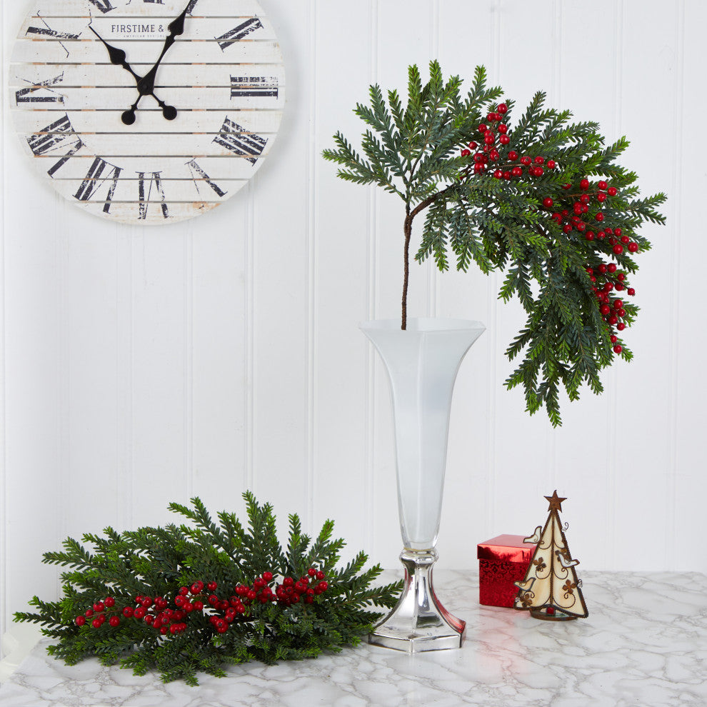 34" Pine and Berries Artificial Hanging Plant, Set of 3