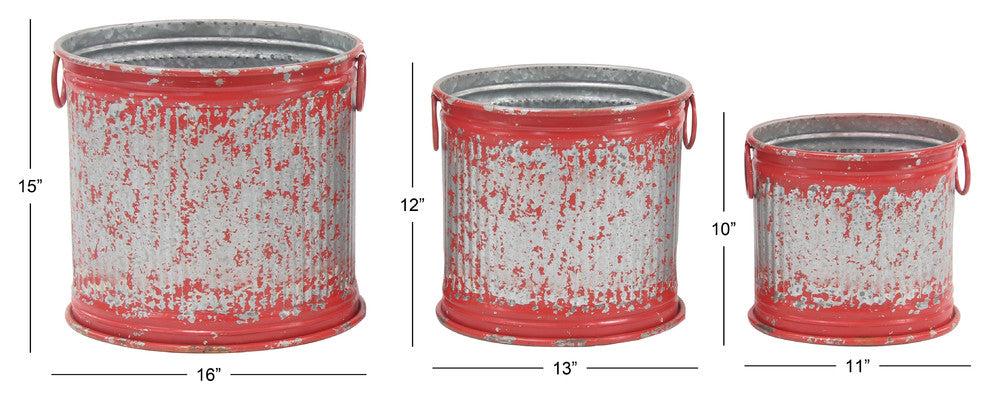 Farmhouse Cylindrical Iron Planters With Ring Handles, 3-Piece Set, Red