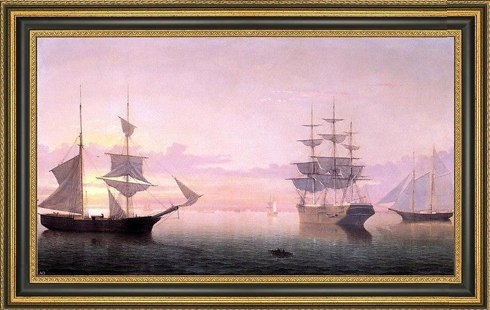 Fitz Hugh Lane Ships at Sunrise Framed Premium Canvas Print, 14"x28"