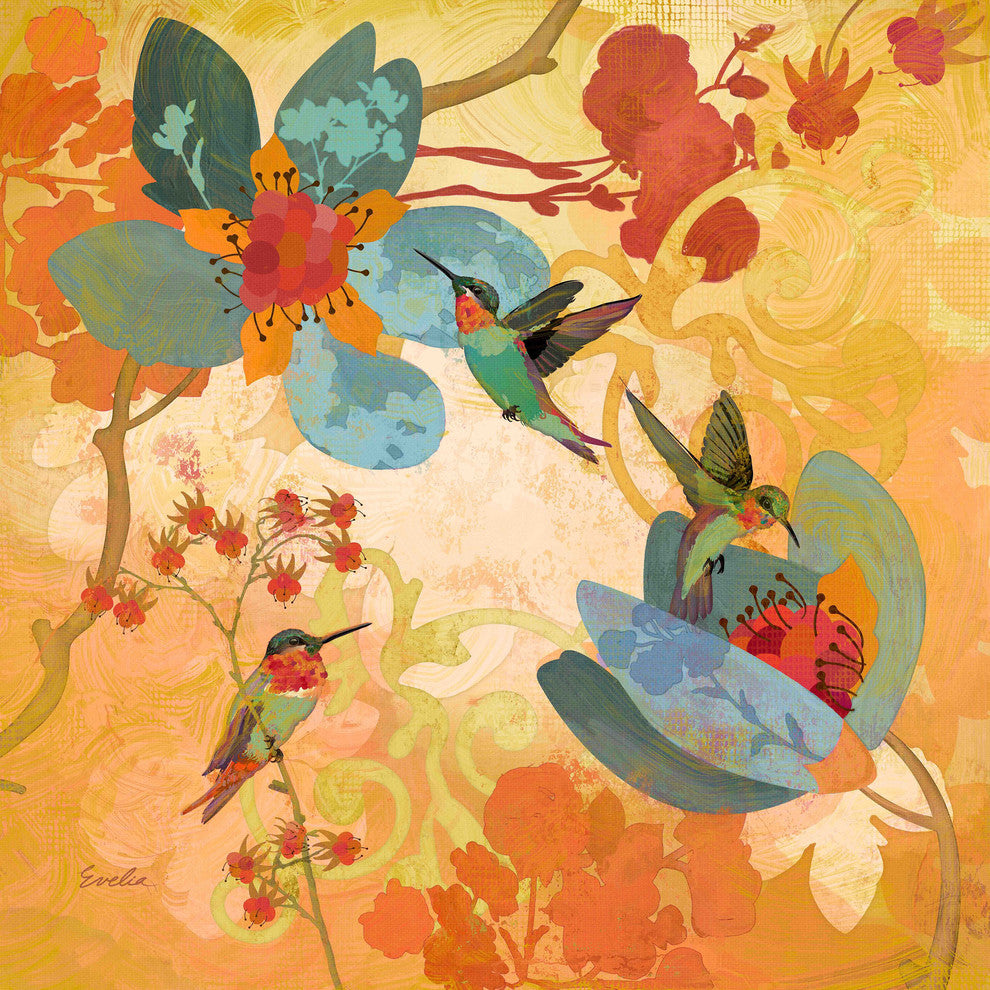 "Humming Birds Aqua" Painting Print on Canvas by Evelia