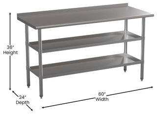 Stainless Steel 18 Gauge Work Table With 1.5" Backsplash and 2 Undershelves, NSF