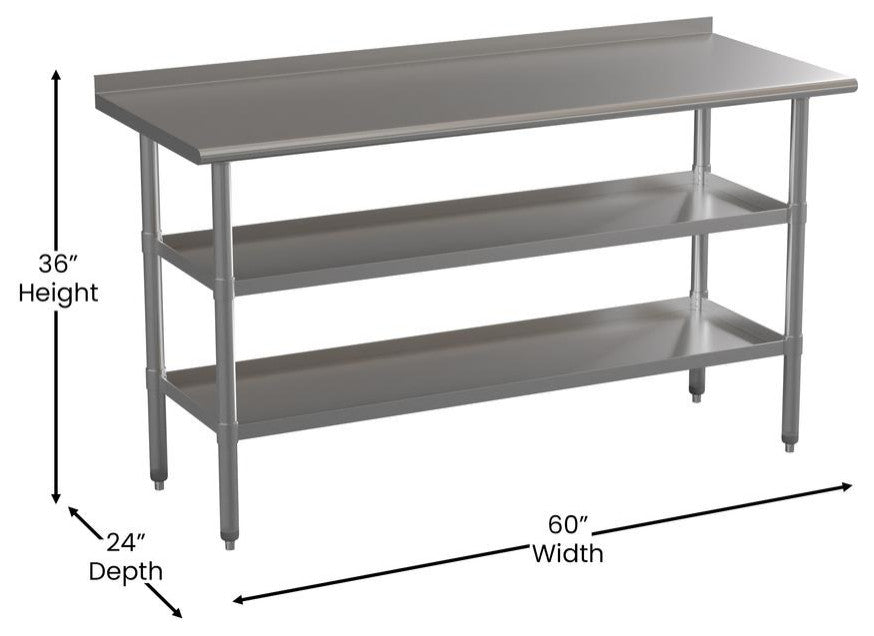Stainless Steel 18 Gauge Work Table With 1.5" Backsplash and 2 Undershelves, NSF