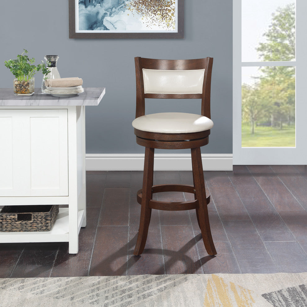 30" Swivel Stool, Cream Faux Leather With Dark Walnut Finish