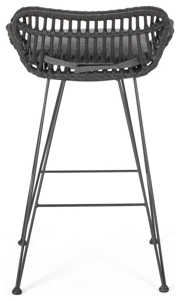 Lisa Outdoor Wicker Barstools with Cushions, Set of 2, Gray, Black, Dark Gray