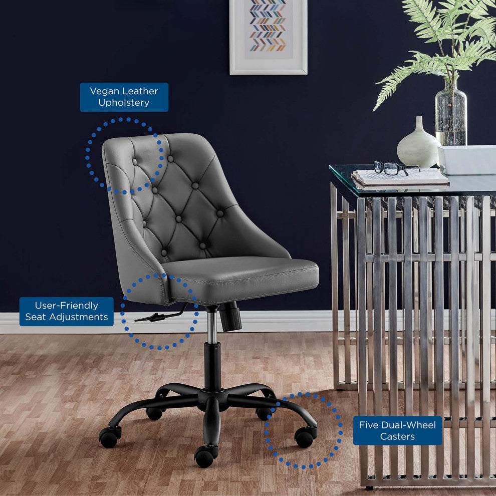 Computer Work Swivel Tufted Chair, Faux Vegan Leather, Black Gray, Home Office
