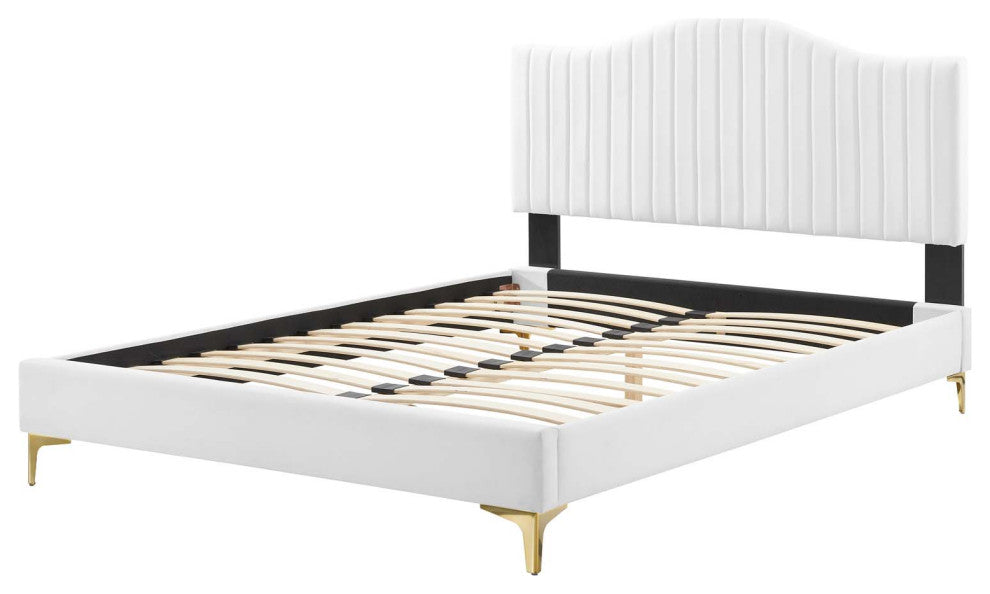 Tufted Platform Bed Frame, King Size, Velvet, White, Modern Contemporary