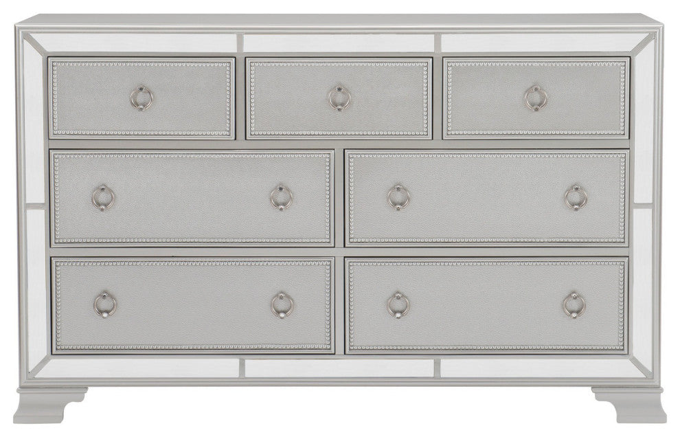 Benzara BM219008 7 Drawer Wooden Dresser With Mirror Trim and Ring Pulls, Silver