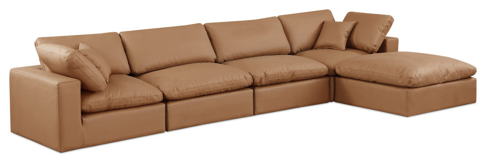 Comfy Upholstered L-Shaped Modular Sectional, Cognac, 5-Piece: 2 Armless Chair, 2 Corner Chair, 1 Ottoman, Vegan Leather