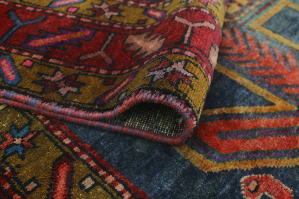 Semi-Antique Ghafur Blue/Burgundy Runner, 4'4x10'6