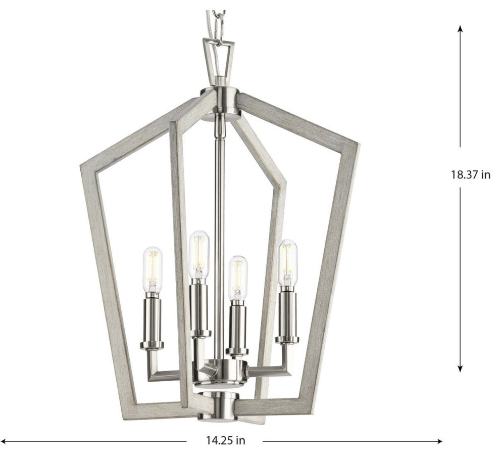 Galloway 4-Light 18" Brushed Nickel Foyer Light With Grey Washed Oak Accents