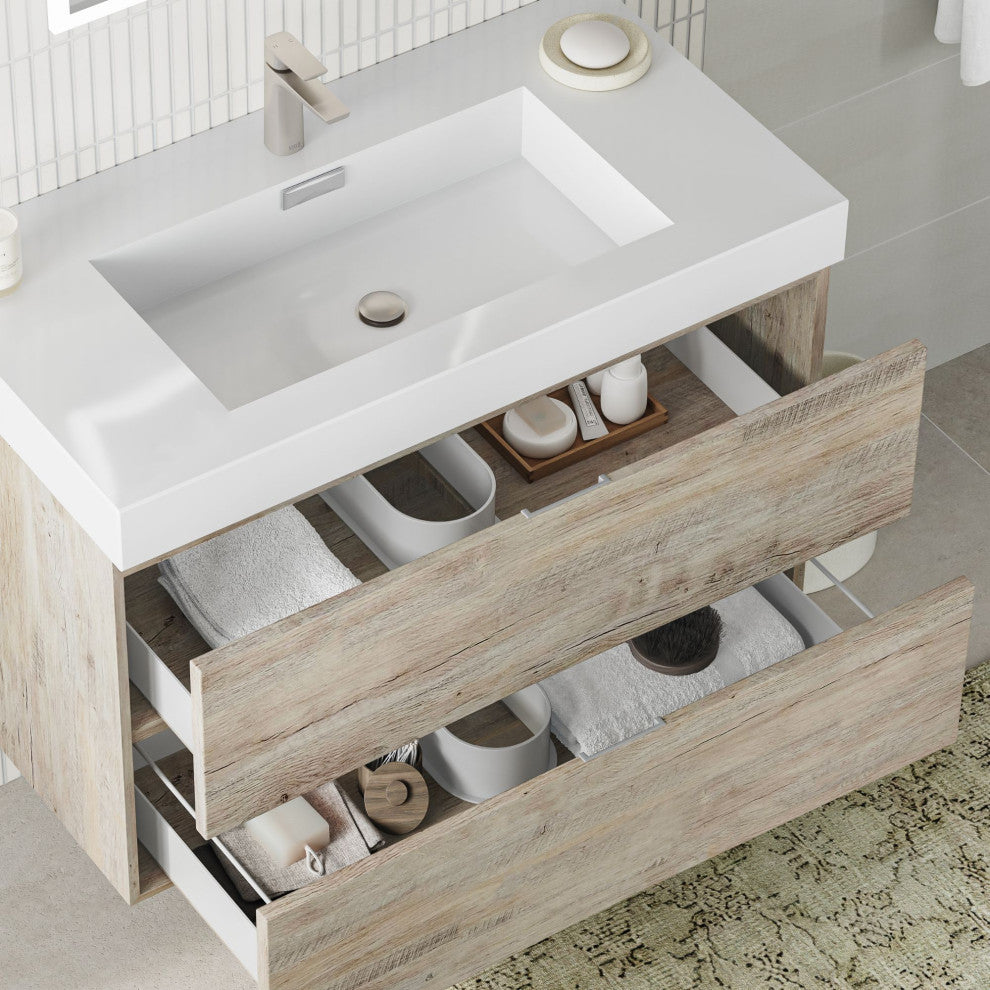 Boutique Bath Vanity, Natural Wood, 36", Single Sink, Wall Mount