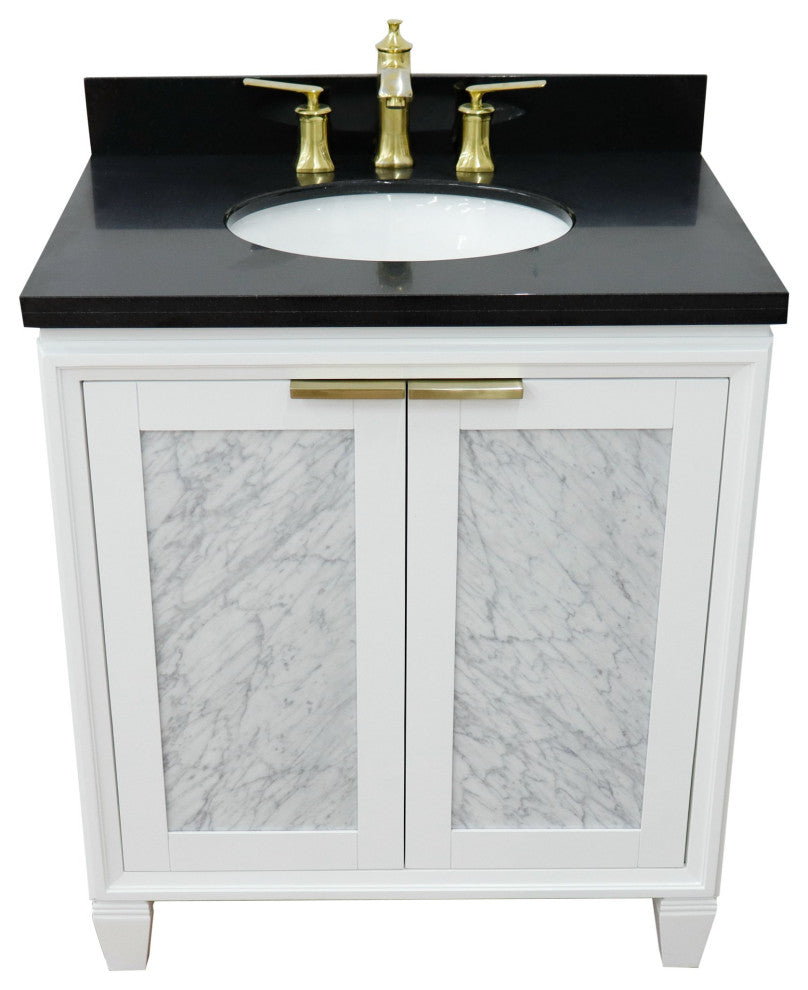 31" Single Sink Vanity, White Finish With Black Galaxy Granite With Oval Sink