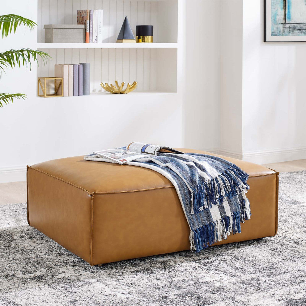Accent Chair Ottoman, Faux Vegan Leather, Tan, Modern, Living Lounge Hospitality