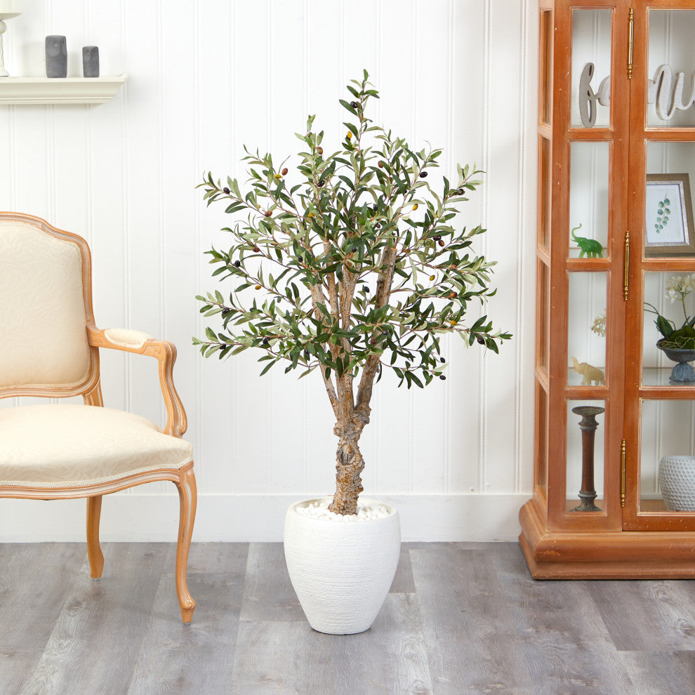 53" Olive Artificial Tree, White Planter