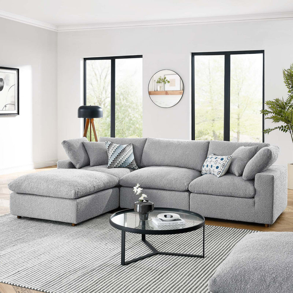 Commix Down Filled Overstuffed Boucle Fabric 4-Piece Sectional Sofa, Light Gray