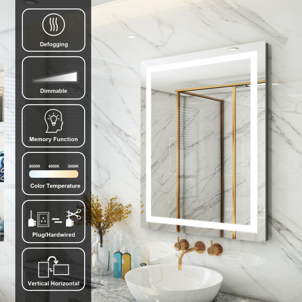 Frameless LED Bathroom Vanity Mirror With Defogger Dimmer, 28"x36"