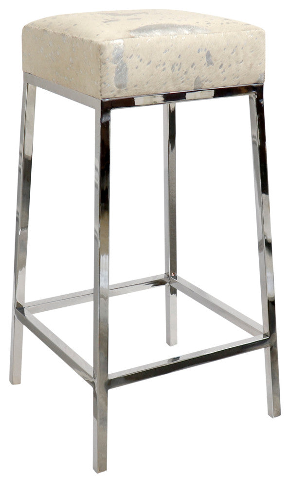 Pasargad Home Safari Cowhide Upholstered Bar Stool With Steel Legs, Silver