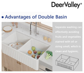 33'' x 18" White Farmhouse Ceramic Kitchen Sink,Reversible Double Bowl Sink