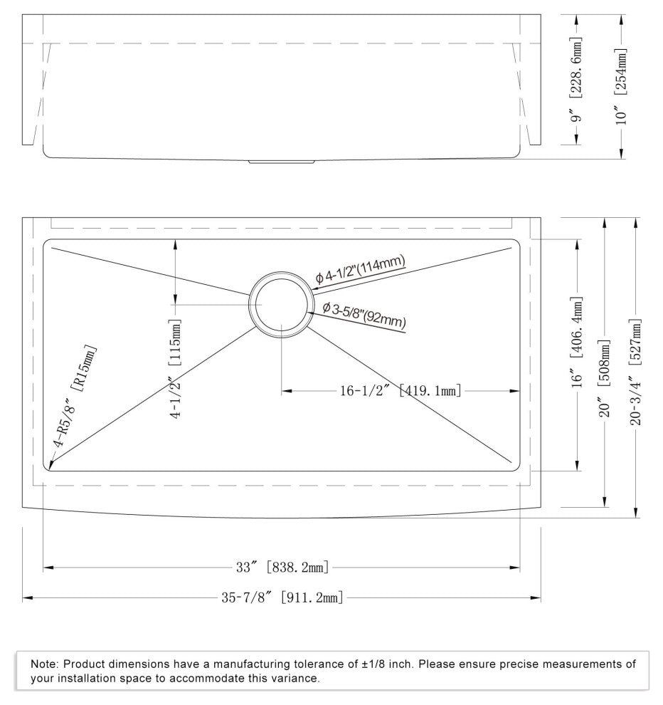 Dowell Apron Farmer Undermount Single Bowl Stainless Kitchen Sink - Small Radius, 33w X 16l X 9d